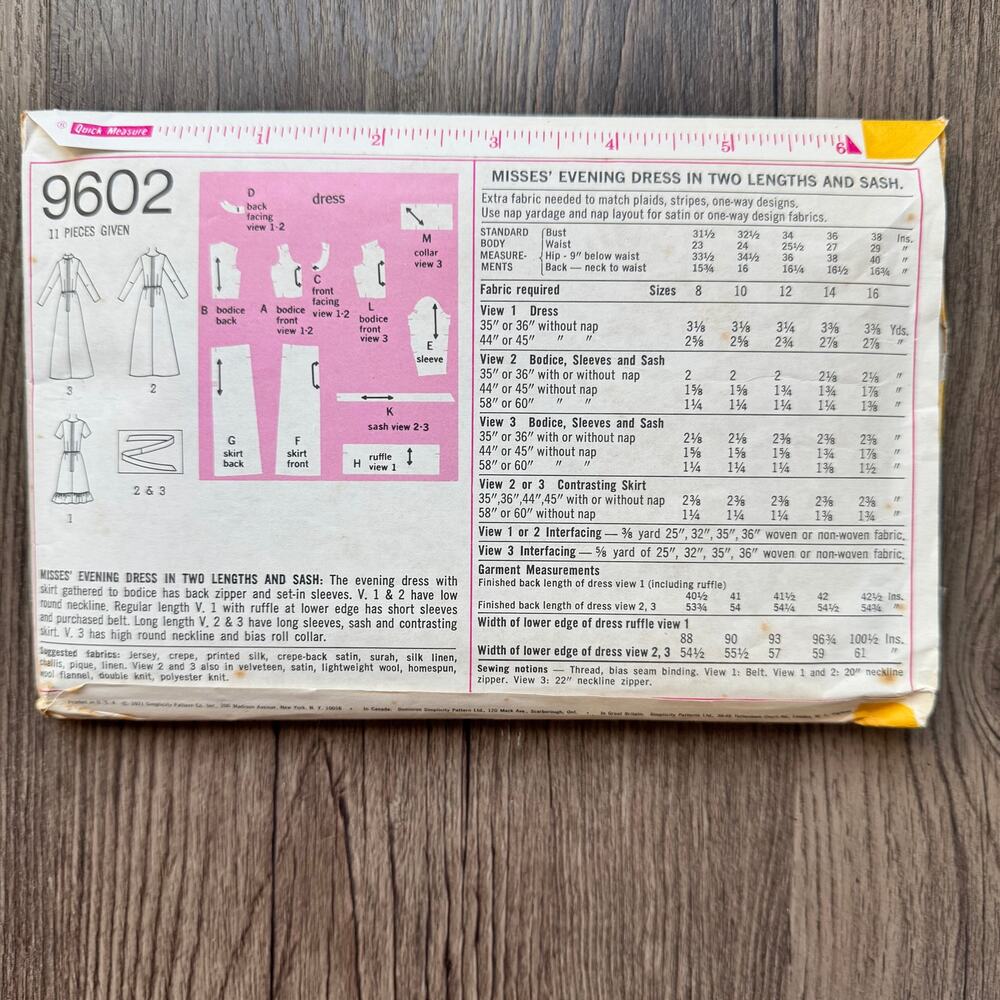 Vintage 1970s Simplicity 9602 Sewing Pattern Womens Sz S Evening Dress Complete View 2
